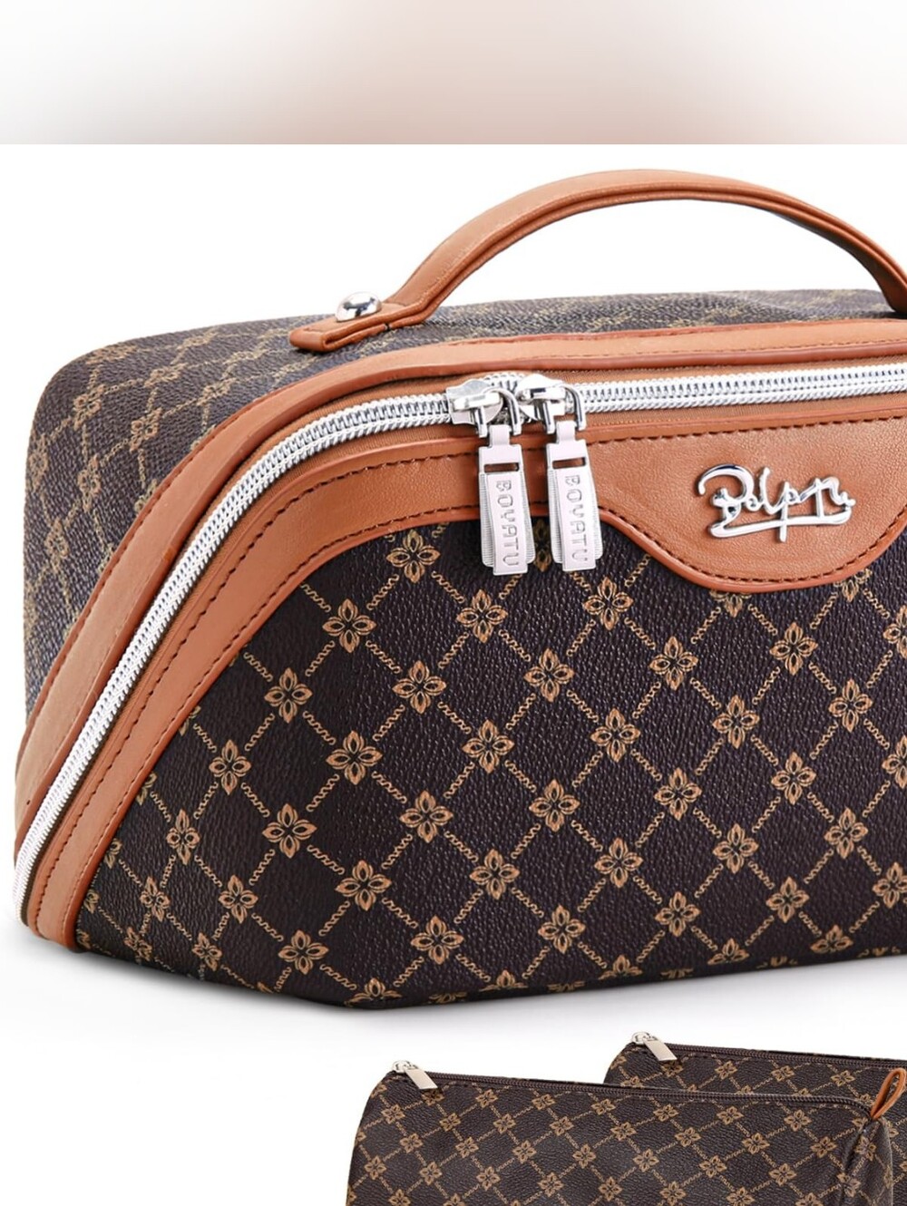 Women's Vegan Leather Travel EssentialsMake-up Cosmetic Bag 3pc Set with Handle